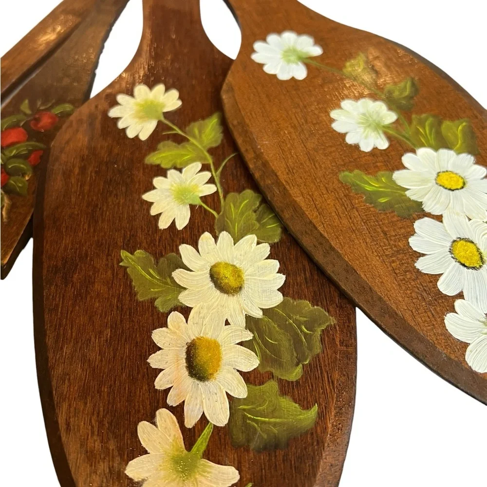 Vintage Wood Kitchen Utensils Handpainted Cottagecore Decor Folk Art 70s